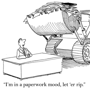 Bulldozer with piles of paperwork