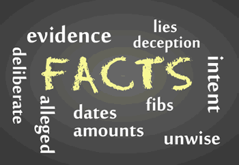 Blackboard with words such as Facts, Lies, Evidence