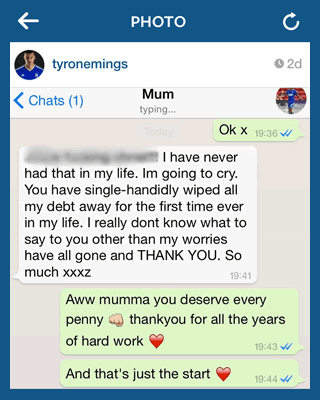 Tyrone Mings texts on Instagram - paying off his mum's debts