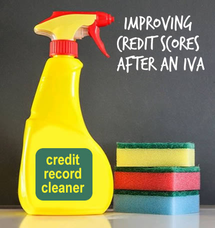 Bottle of cleaning fluid and spionges - how to clean up your credit record and imporve your credit score after an IVA has ended