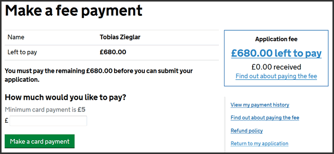 Bankruptcy fee payment screen £680