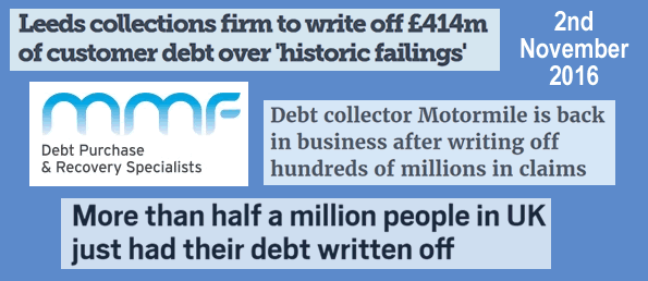 Newspaper headlines on 2 November 2016 about MMF being told to write off debts. MMF rebranded to new name of Lantern in 2018.