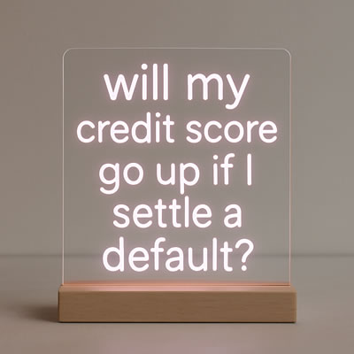 A neon sign asking "will me credit score go up if I settle a default"