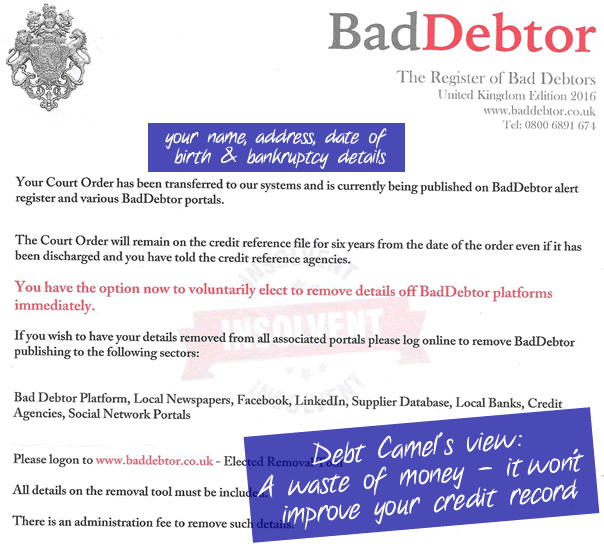 Letter from Bad Debtor offering to delete someone who is bankrupt from their records