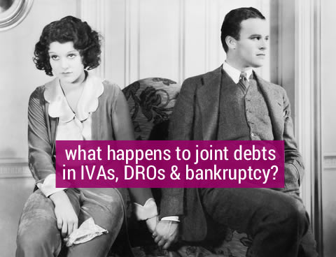 Couple holding hands but not looking at each other - what happens to any joint debts if you have an IVA, DRO or go bankrupt