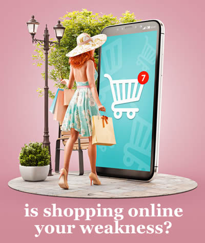 woman in a shopping fantasy, dressed for the summer - but is she shopping too much on line? do you need to take back control?