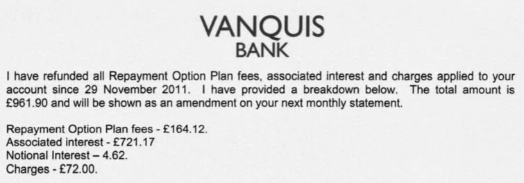 Refund of the Repayment option plan (ROP) offered by Vanquis bank