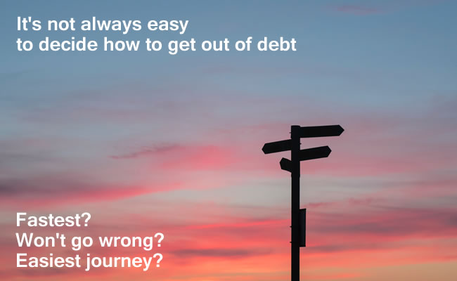 Signpost against a sunrise - how can you decide which way to get out of debt - do you want the fastesT? safest? most comfortable route?