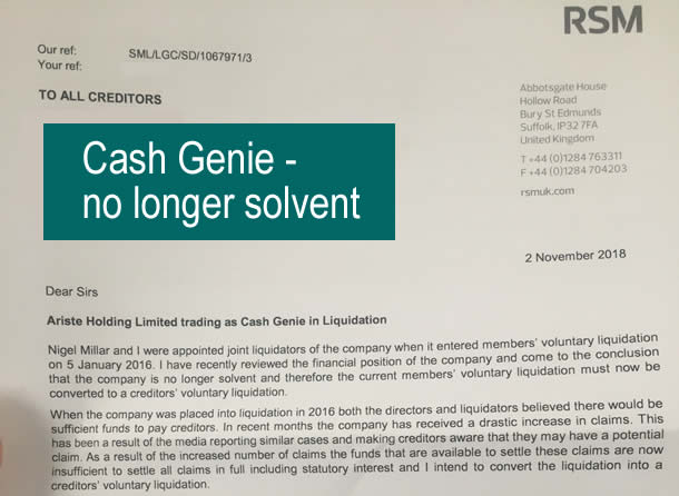 Letter from RSM cash Genie adminsitrators in Novemmber 2018 saying their is not enough money to pay all debts in full