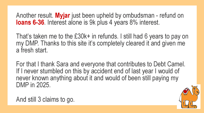 Myjar refunds over £9,000 to a reader who used the free Debt Camel payday loan template letters to complain