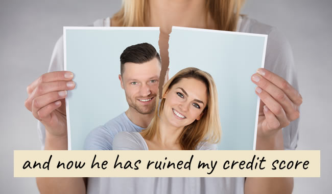 woman tearing a photograph of her and her ex in two - "and now he's ruined my credit score"