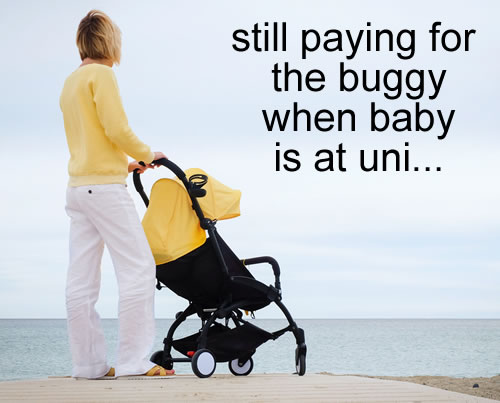 Woman gazing out to sea and thinking how long it will take to pay for the baby buggy she has bought with a credit card