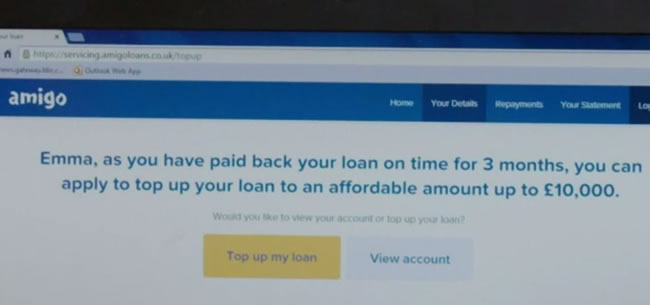 Screenshot from Panorama "Easy money, tough debt? program - showing how Amigo offered a top up loan to a customer who had already said she was struggling.