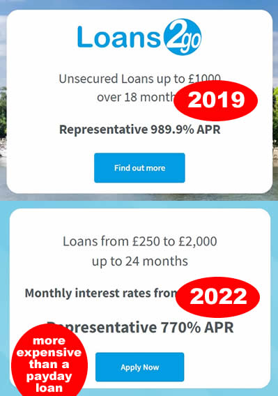 2 screenshots from Loansd2Go's website. Althought their interest rate has dropped to "only" 770% this is still more expensive than a payday loan. 