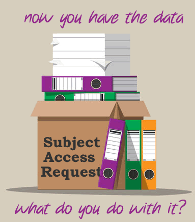 A large box marked "Subject Access Request" overflowing with files and paper - Now you have all this information, what should you do with it?