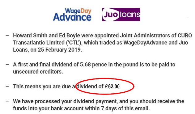 a copy of an email being sent out showing how much people will be receiving. This is 5/68% of the amount your claim for unaffordable lending by Wageday Advance was calculated at.