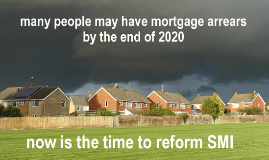 Houses with dark staorm cluds over them - people will need help woth mortgage arrears soon and Support for Mortgage Interest (SMI) needs to be reformed now to help them