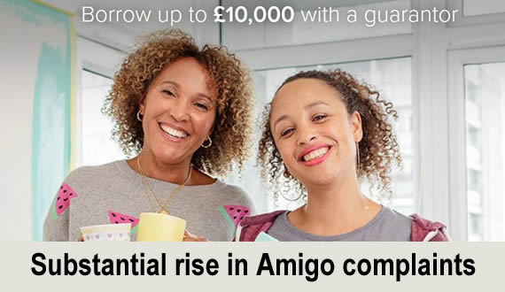 Pictrue from Amigo website with added caption "Substantial rise in Amigo complaints"