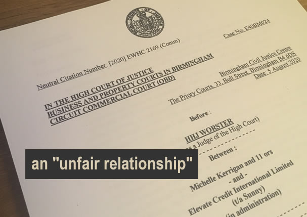 Front page of the Kerrigan and others v Elevate Credit (trading as Sunny) judgement - an "unfair relationship"