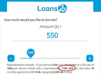 Loan2go's representative example - 770% interest - more expensive than a payday loan 2024