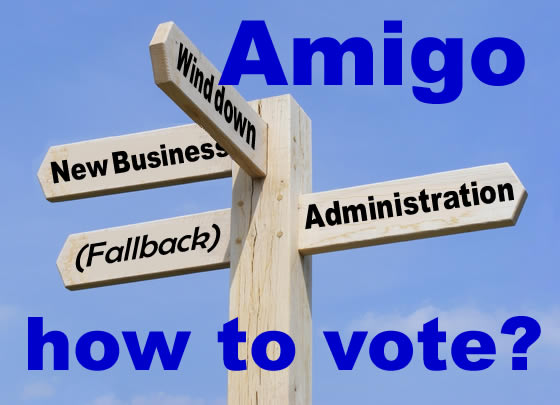 signpost - you can vote on which way Amigo should go. The new Business Scheme, which may fail and end up with a fallback? A wind down scheme? Or none of these, and for Amigo to become insolvent and go into administration.?
