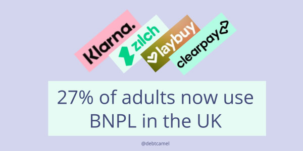 logos of Klarna and other BNPL firms in the UK - there has been a big jump to 27% of adults using BNPL