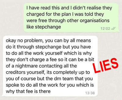 A whatsapp exchange with an IVA firm where they lie about how a StepChange DMP works